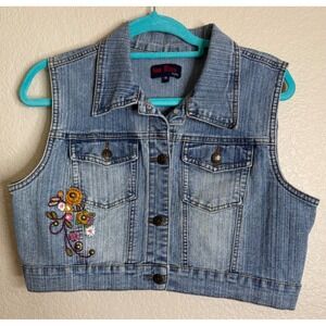 Nina Rossi Womens XXL Blue Denim Vest Floral Embroidered Studded Cropped Boho